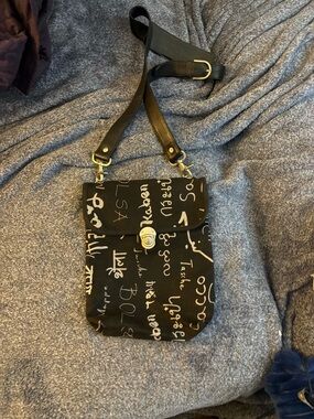Black Script Print Crossbody Bag with Gold-Tone Hardware
